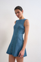 Front image of the Lena sleeveless mini denim dress in denim, by brand Top shop