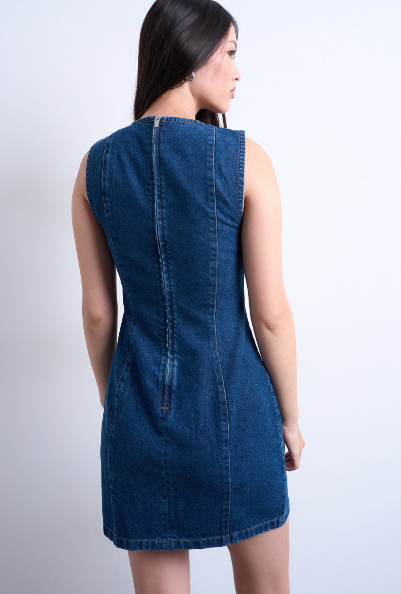 Back image of Liv sleeveless mini denim dress in denim, by brand Top shop