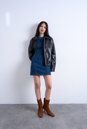 Front image of Liv sleeveless mini denim dress in denim, by brand Top shop