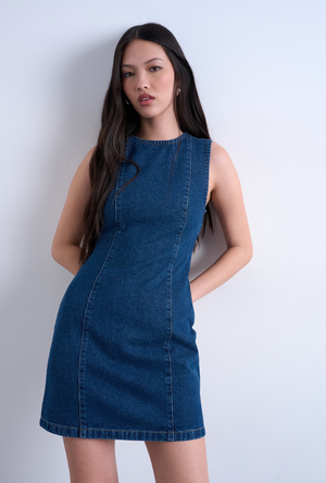 Front image of the Liv sleeveless mini denim dress in denim, by brand Top shop