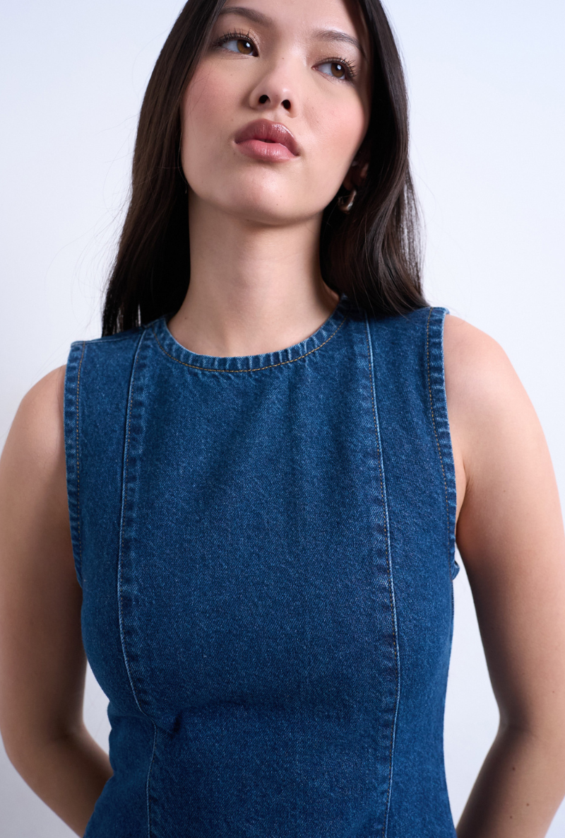 Front image of Liv sleeveless mini denim dress in denim, by brand Top shop