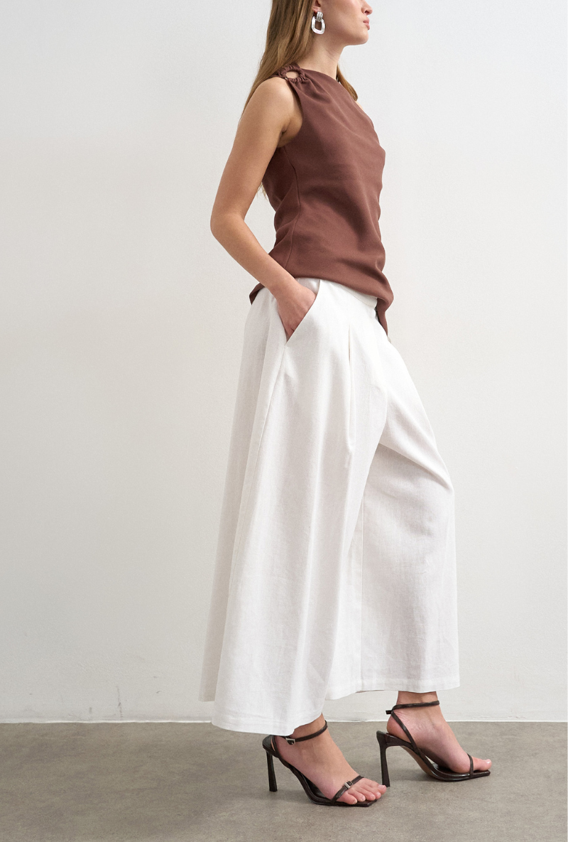 Front image of Malin highrise wide culotte trousers in white, by brand Top shop