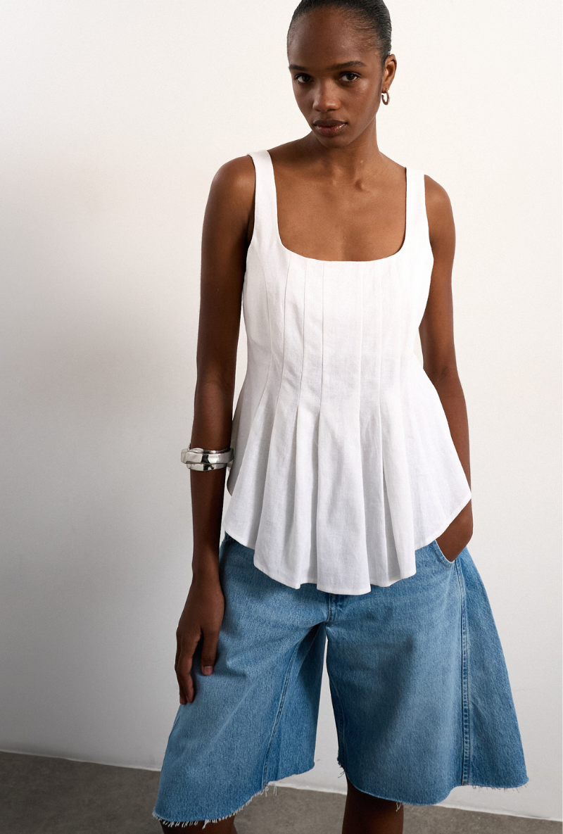 Front image of Mariam sleeveless curve hem top in white, by brand Top shop