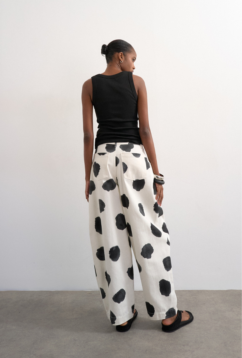 Back image of Yara highrise dot barrel trousers in white, by brand Top shop