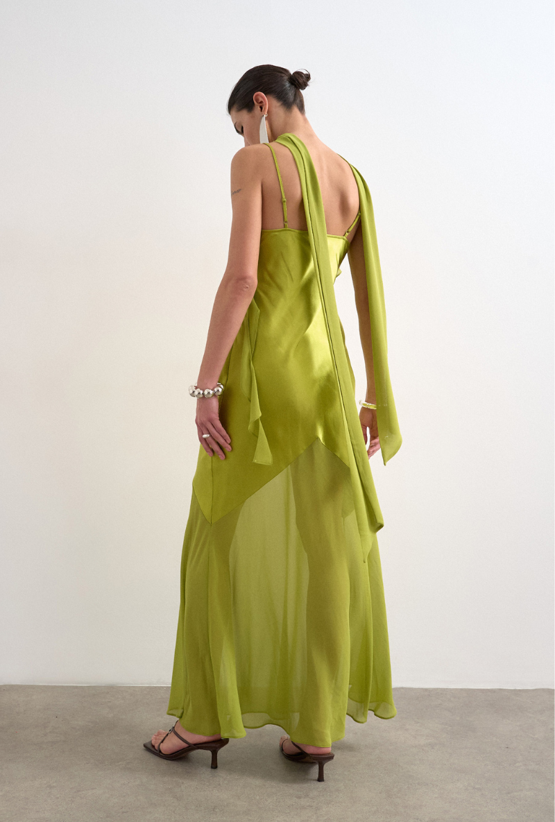 Back image of a model wearing Annika ruffle maxi dress in green, by brand Top shop