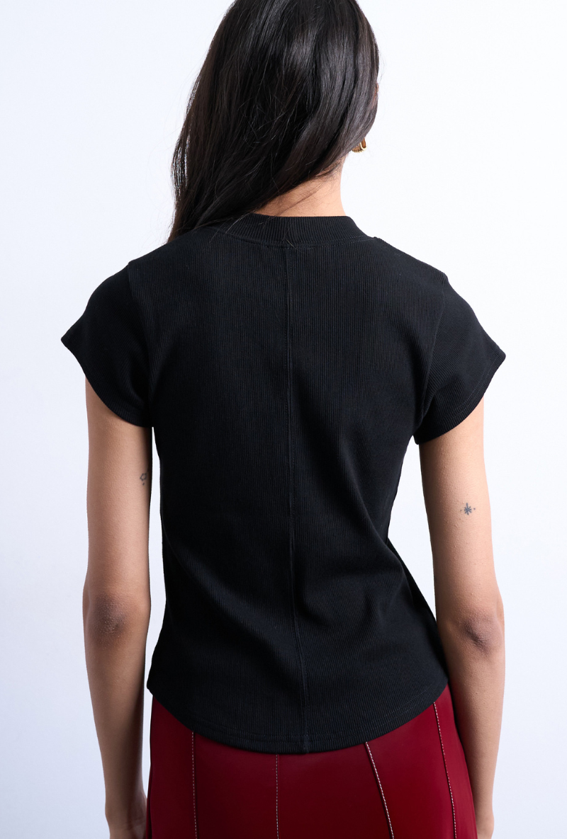Back image of a model wearing Bea oneck fitted rib tee in black, by brand Top shop