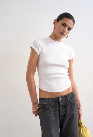 Front image of a model wearing the Bea oneck fitted rib tee in white, by brand Top shop
