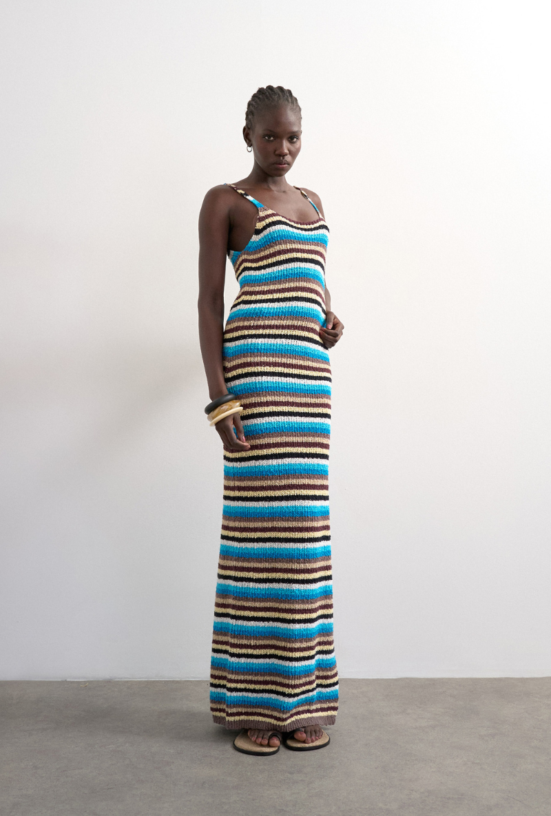 Front image of a model wearing Cajsa sleeveless multi striped knit dress in blue, by brand Top shop