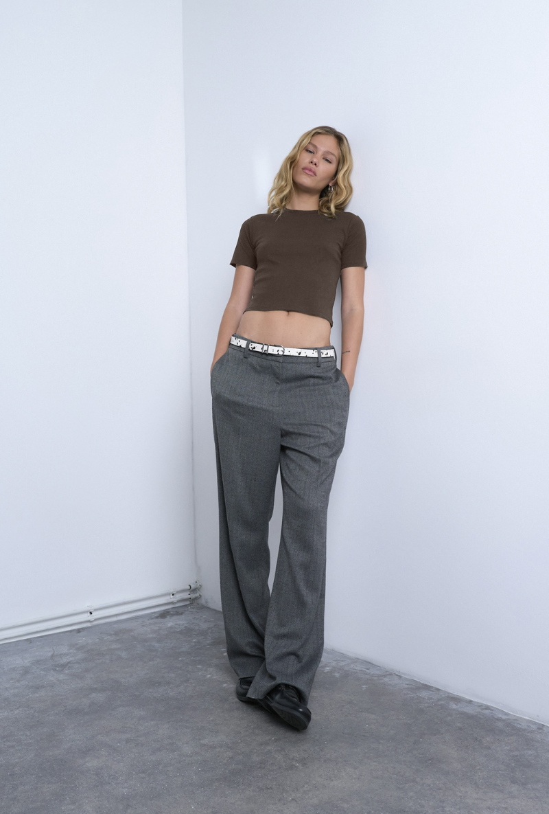 Front image of a model wearing Everyday crop top in chocolate, by brand Top shop