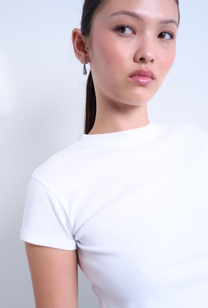 Front detail image of a model wearing Everyday top in white, by brand Top shop