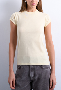 Front image of a model wearing the Everyday top in yellow, by brand Top shop