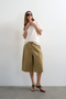 Front image of a model wearing Femke longline cargo shorts in tan, by brand Top shop