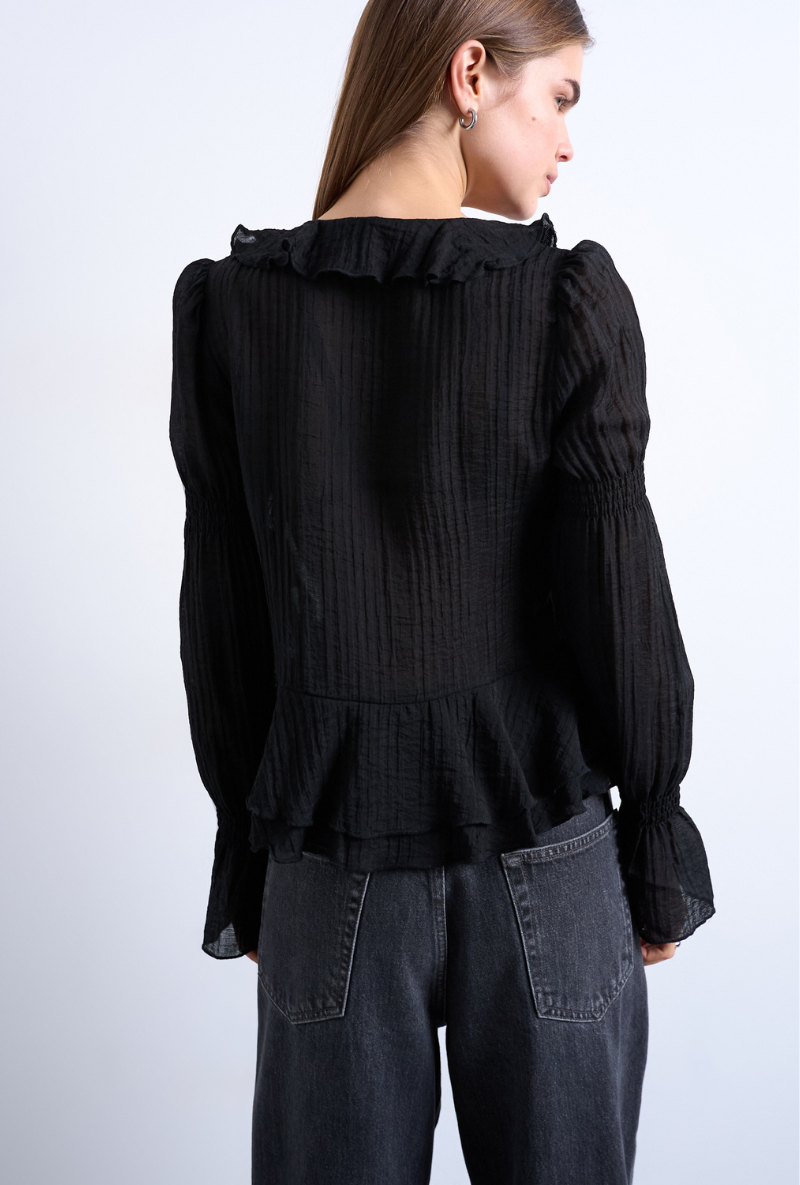 Back image of a model wearing Fiona ruffle top in black, by brand Top shop