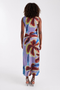 Back image of a model wearing the Mary mesh ruched maxi dress in purple, by brand Top shop