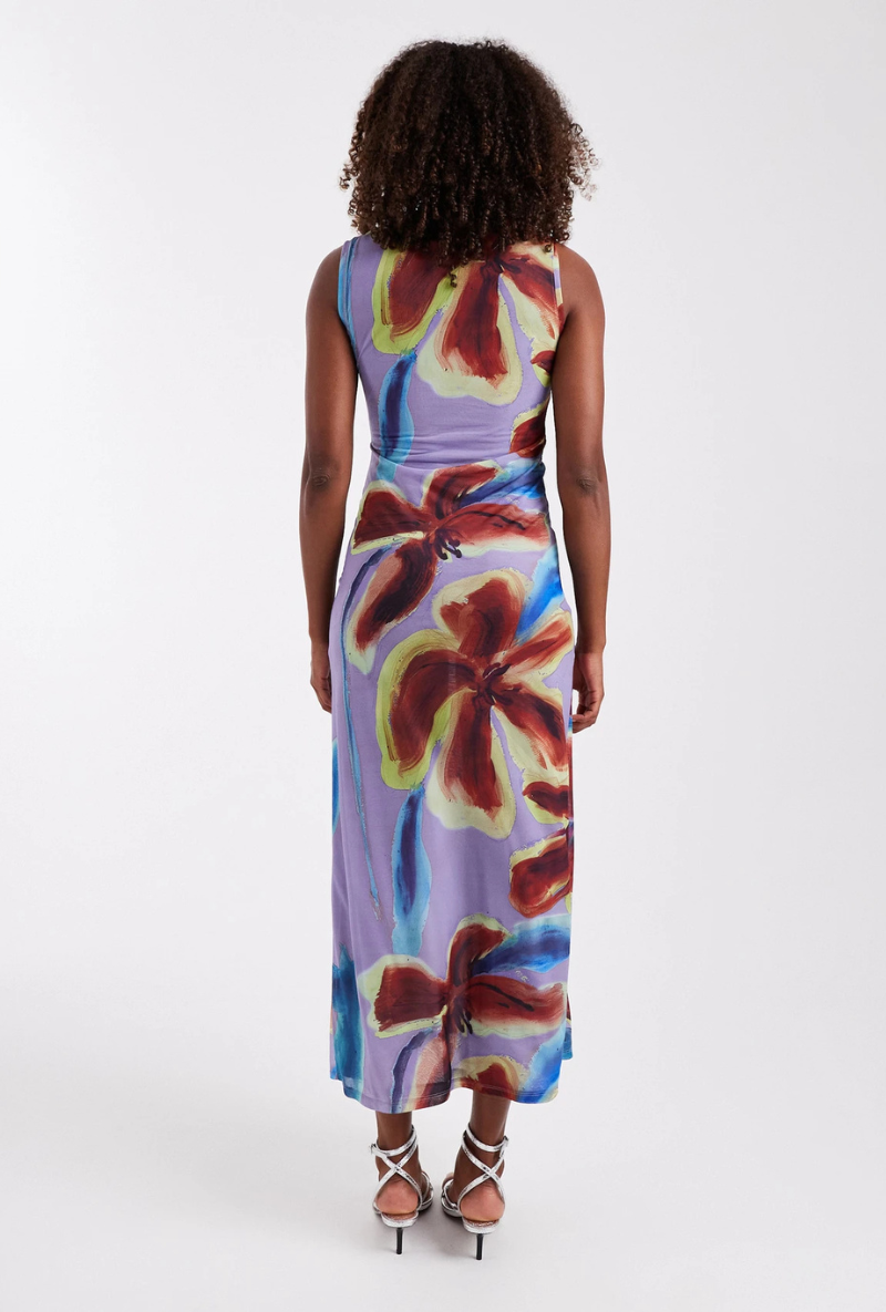 Back image of a model wearing Mary mesh ruched maxi dress in purple, by brand Top shop