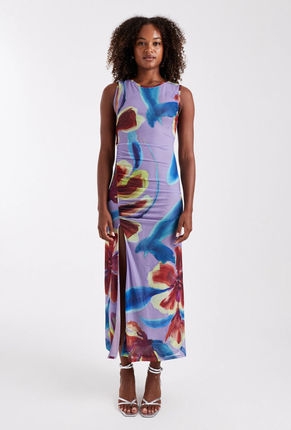 Front image of a model wearing Mary mesh ruched maxi dress in purple, by brand Top shop