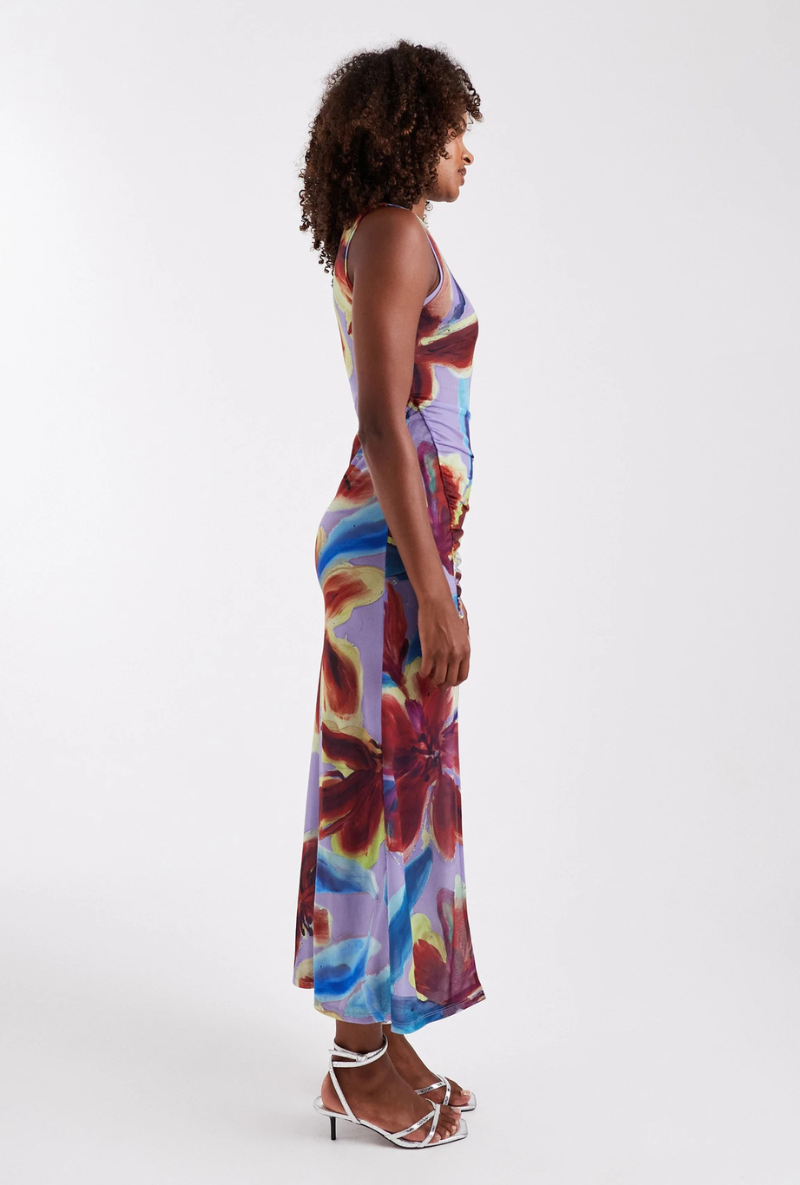 Front side image of a model wearing Mary mesh ruched maxi dress in purple, by brand Top shop