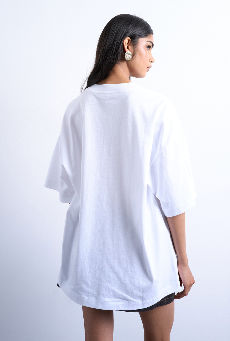 Back image of a model wearing Ida oversize dropshoulder tee in white, by brand Top shop