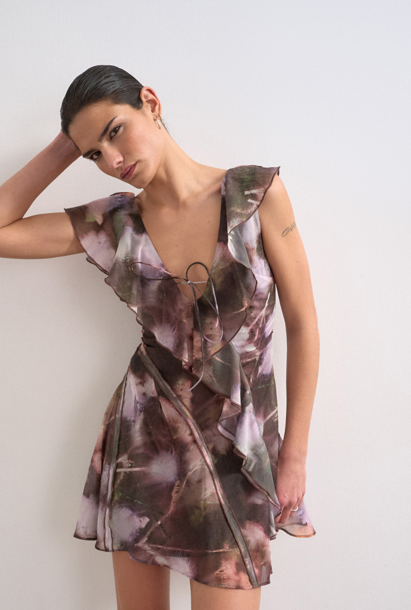 Front image of a model wearing Rikke ruffle mini dress in brown, by brand Top shop