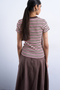 Back image of a model wearing the Sally stripe rib tee in pink, by brand Top shop