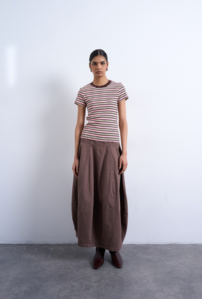 Front image of a model wearing Sally stripe rib tee in pink, by brand Top shop
