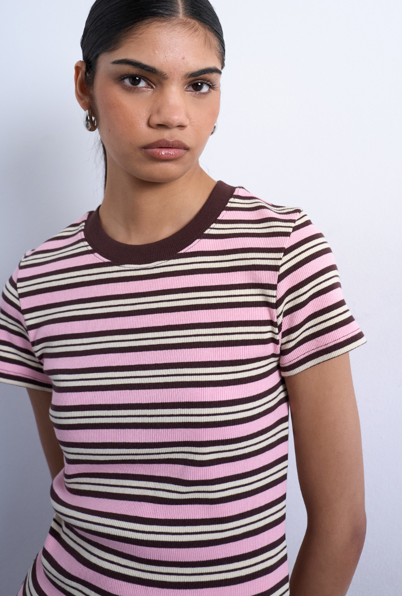 Front image of a model wearing Sally stripe rib tee in pink, by brand Top shop