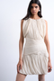 Front image of a model wearing the Svea drape mini dress in beige, by brand Top shop