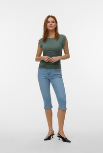 Front image of a model wearing the Ava sarah top in khaki, by brand Vero moda