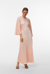 Front image of a model wearing the Vero moda eleanor ls wide sleeve dress in peach, by brand Vero moda
