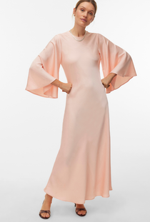 Front image of a model wearing the Vero moda eleanor ls wide sleeve dress in peach, by brand Vero moda