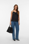 Front image of a model wearing Vero moda julie singlet lace top in black, by brand Vero moda