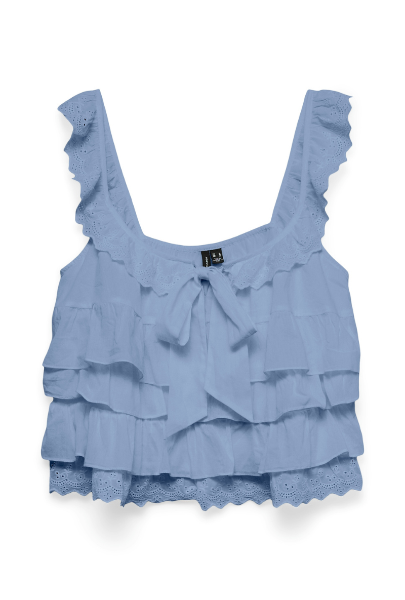 Front image  of Sandy layered top in blue, by brand Vero moda