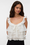 Front image of a model wearing the Sandy layered top in white, by brand Vero moda