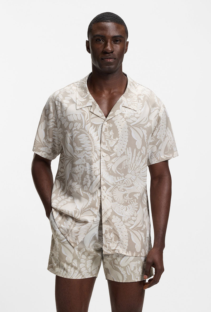 Front image of a model wearing Beach shirt in beige, by brand Boss