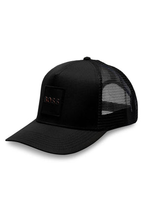 Front image of Elliot baseball cap in black, by brand Boss