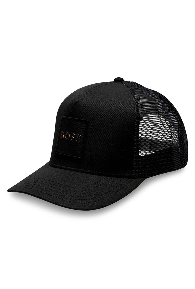 Front image of Elliot baseball cap in black, by brand Boss