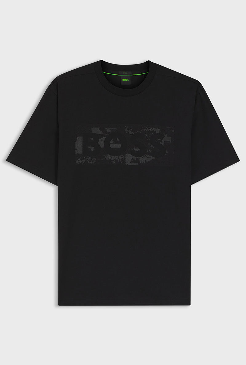 Front image of Globe logo tshirt in black, by brand Boss