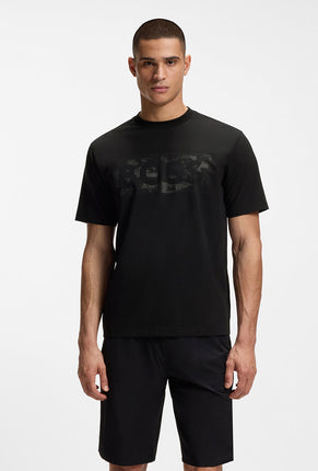 Front image of a model wearing Globe logo tshirt in black, by brand Boss