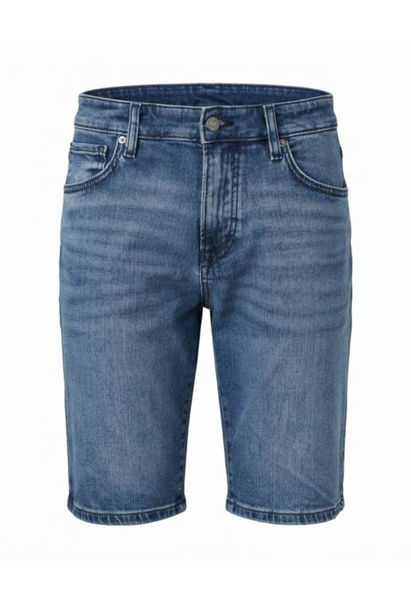 Front image of Maine denim shorts in denim, by brand Boss