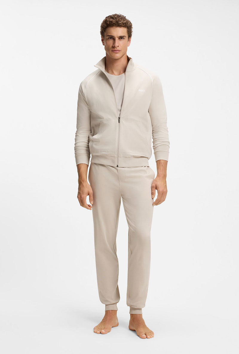 Front image of a model wearing Mix and match jacket in beige, by brand Boss