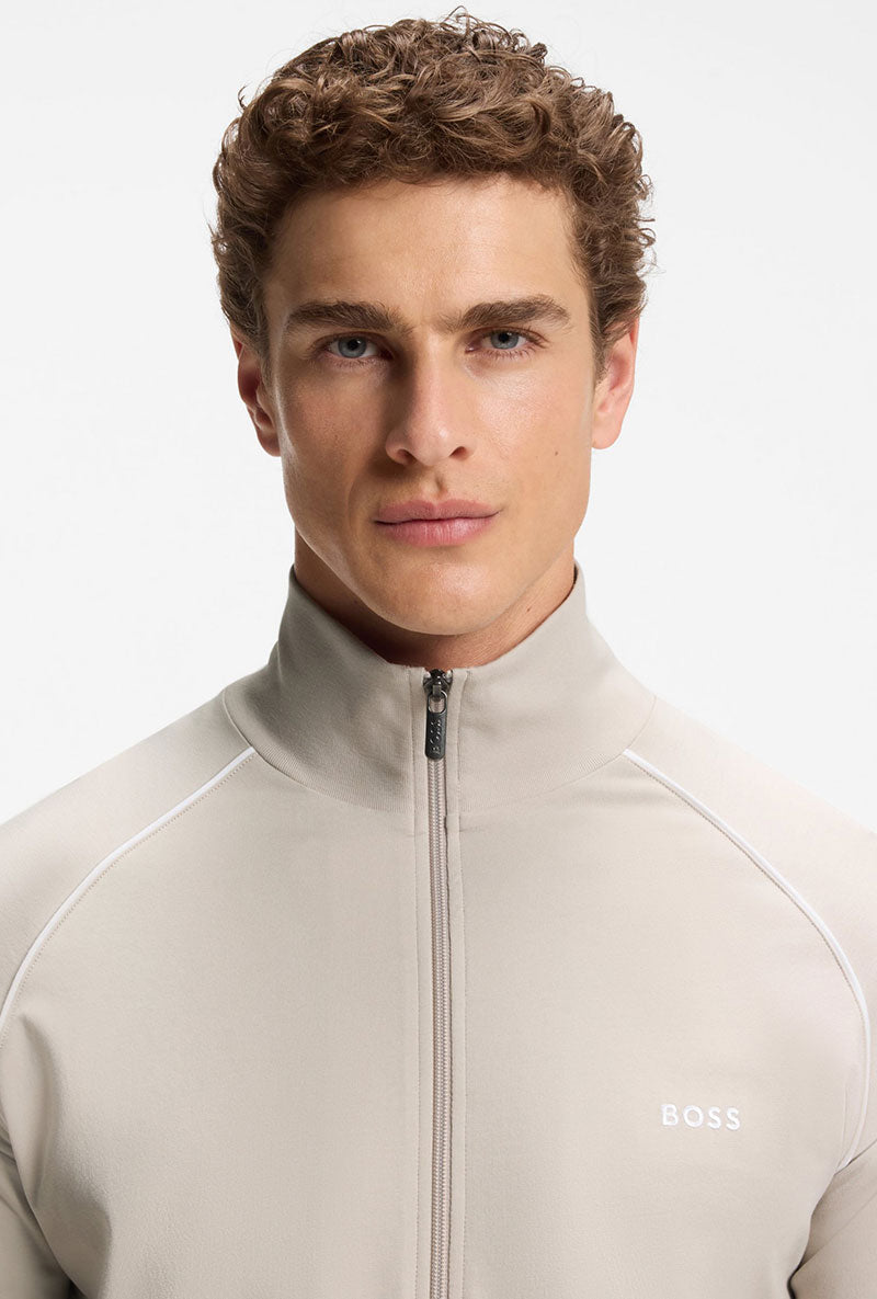 Front image of a model wearing Mix and match jacket in beige, by brand Boss