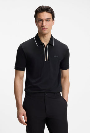 Front image of a model wearing Philix zip polo in black, by brand Boss