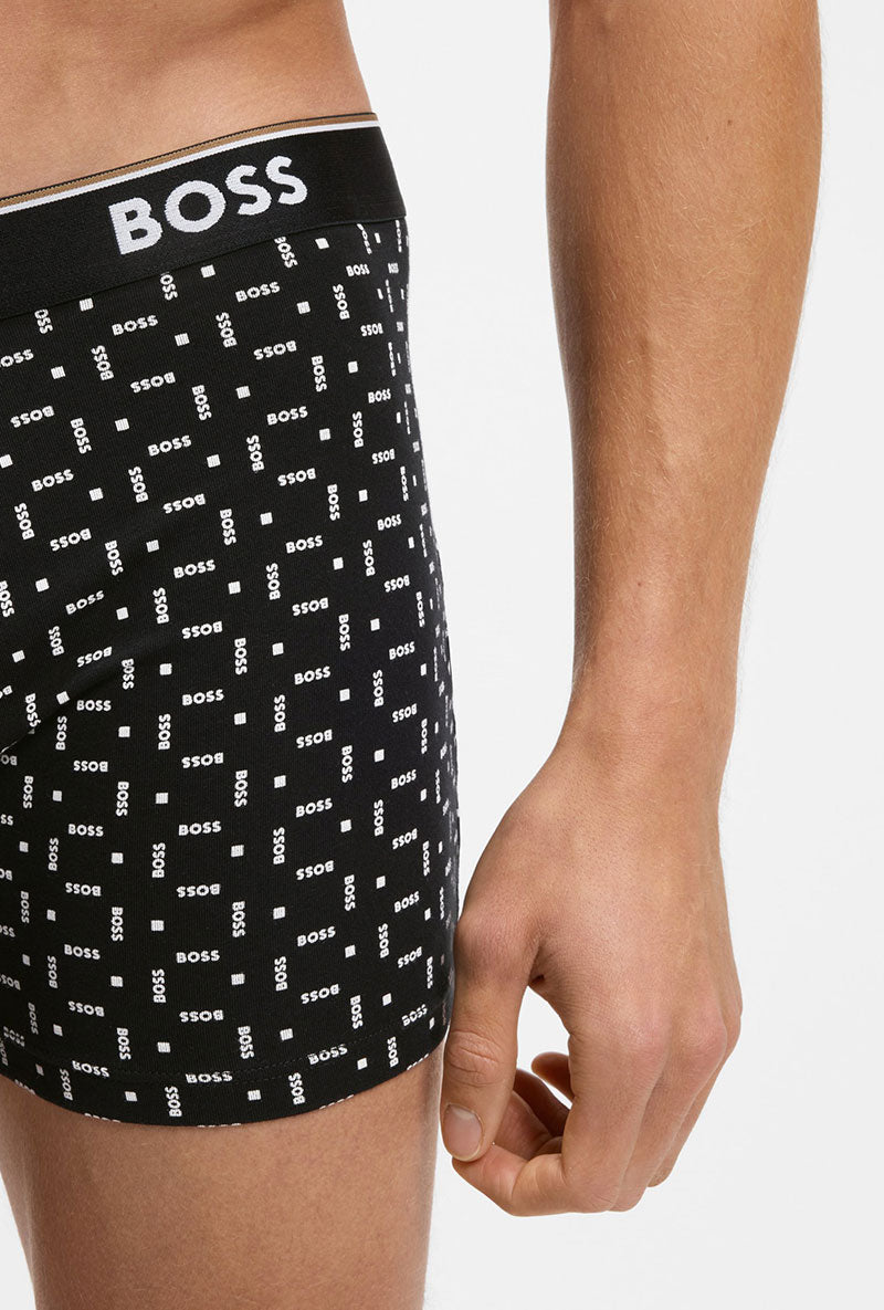 Front detail image of a model wearing Power 3 pk boxer brief in black, by brand Boss