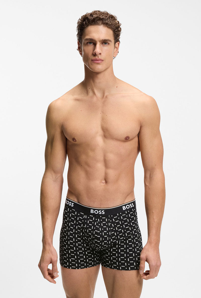 Front image of a model wearing Power 3 pk boxer brief in black, by brand Boss