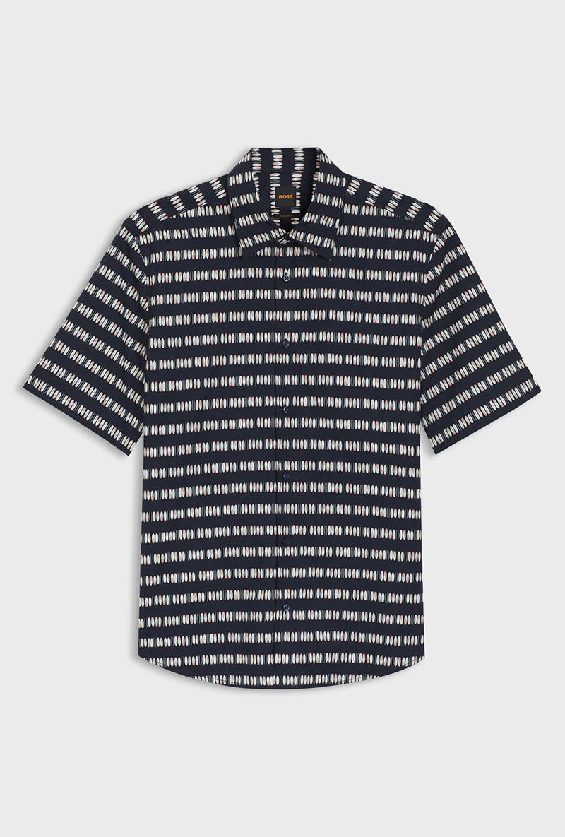 Front image of Rash 2 aop ss shirt in navy, by brand Boss