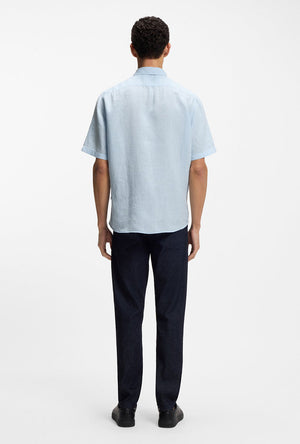 Back image of a model wearing the Rash 2 ss shirt in light blue, by brand Boss