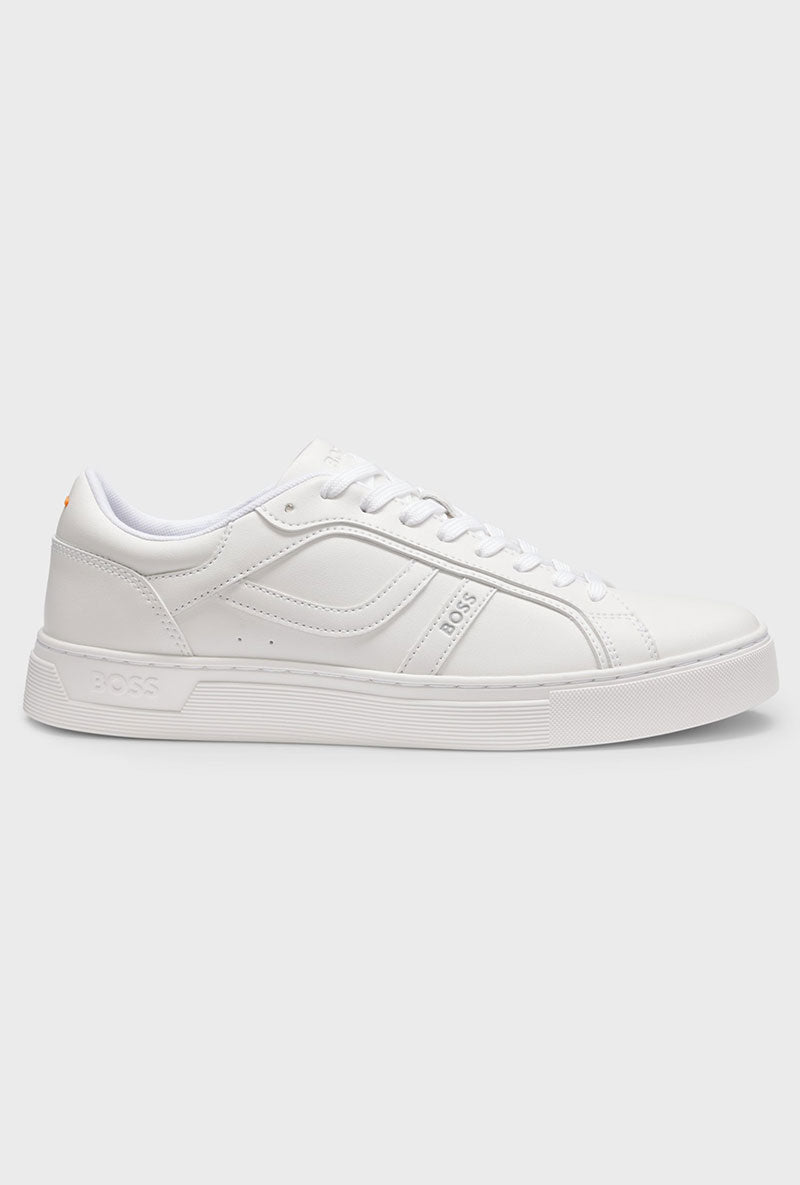 Side image of Rhys trainers in white, by brand Boss