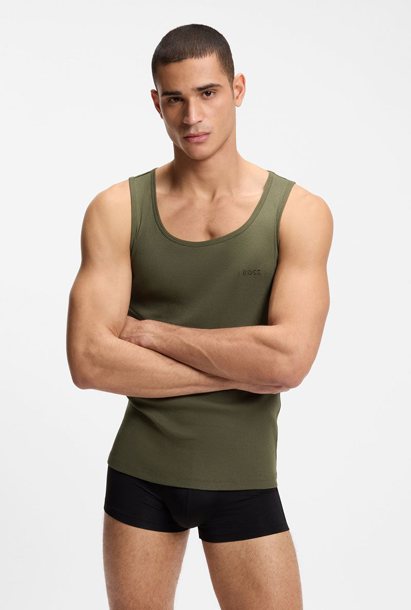 Front image of a model wearing Rib classic 3 pk tank top in multi, by brand Boss