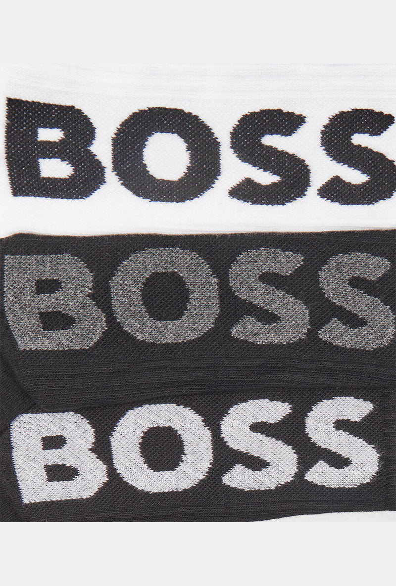 Front image of Rib logo 3 pk socks in black/white, by brand Boss