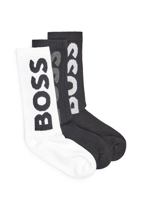 Front image of Rib logo 3 pk socks in black/white, by brand Boss